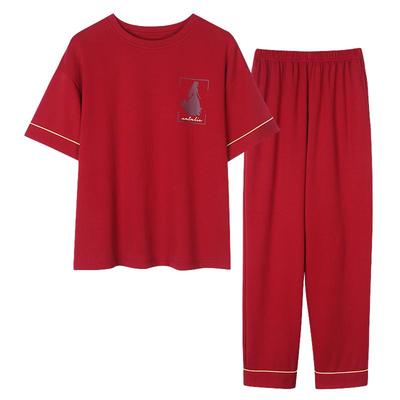红色纯棉短袖长裤男女家居服