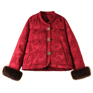 新中式国风红色短款羽绒服女冬季高级感提花保暖加厚90白鸭绒外套