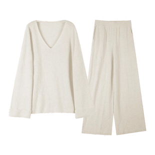 丝侬高端羊毛蚕丝睡衣真丝羊绒家居服女士套装宽松V领厚针织毛衣