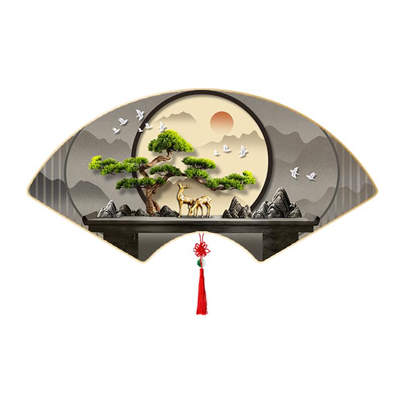 現(xiàn)代簡約流水生財裝飾畫客廳玄關(guān)扇形迎客松茶室辦公室背景墻壁畫