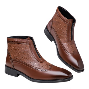 新品潮男款切尔西靴男短靴真皮鸵鸟纹休闲尖头马丁靴英伦高帮皮鞋