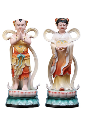 戴玉堂陶瓷供奉观音善财童子摆件