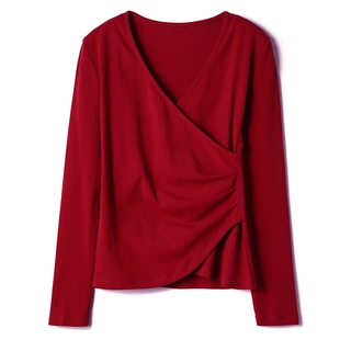 秋款女短袖t恤下摆侧开叉小众纯棉修身上衣长五分袖一字领打底衫