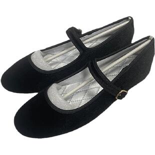 赚人缘!韩国元单!黑色绒面外贸女鞋圆头浅口平底玛丽珍单鞋女