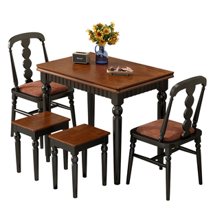 中古风折叠餐桌法式家用小户型吃饭桌美式长方形黑色实木复古桌子