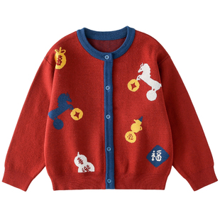 【新年】棉花堂男童红色毛衣儿童加厚针织衫外套女童毛线衣拜年服