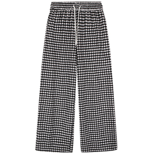 落落狷介呢子格子阔腿裤女2025新款冬松紧腰小个子毛呢裤宽松长裤