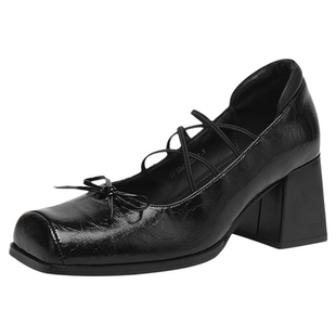 达芙妮浅口黑色高跟单鞋女2026新款方头小皮鞋粗跟法式玛丽珍女鞋