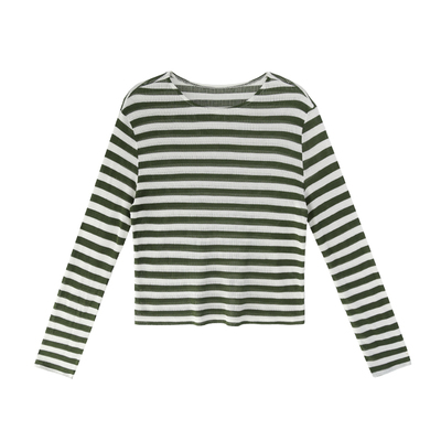 白绿色条纹针织镂空罩衫T恤