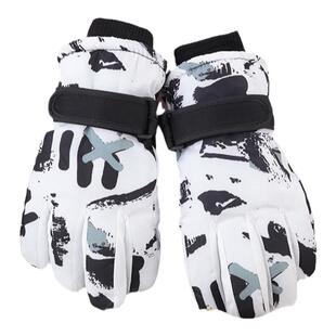 儿童滑雪玩雪手套加绒加厚防泼水保暖防滑白色涂鸦防寒冬季手套冬