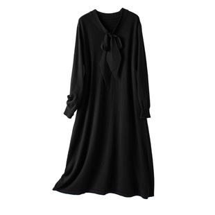 蝴蝶结针织连衣裙女2025秋冬新款妈妈大码女装宽松配大衣打底长裙