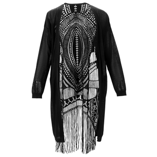 马天奴女装春夏新款黑色针织开衫镂空提花流苏小衫空调衫气质时尚