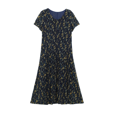 中老年高级大码真丝碎花裙子短袖