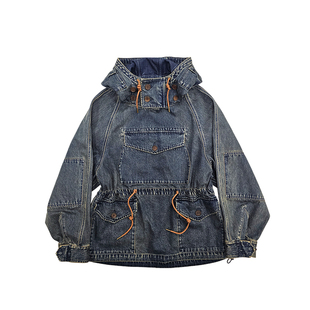 西里布海军甲板连帽牛仔套头衫咔叽复古拔染做旧多袋猎装夹克外套
