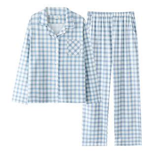 日式格子新疆棉睡衣女春秋纯棉长袖薄款舒适亲肤可外穿家居服套装