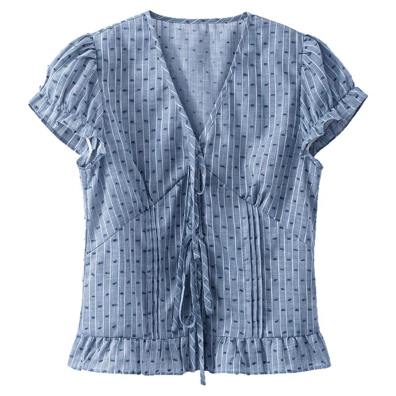 【夏末清仓】夏季韩系通勤上衣蛋糕下摆蓝色v领条纹泡泡袖衬衫女