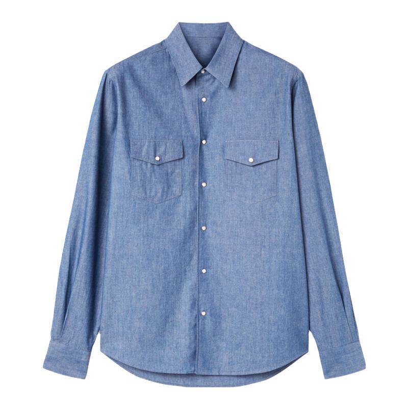 Loro Piana/诺悠翩雅男装湛蓝色按扣开合休闲长袖衬衫