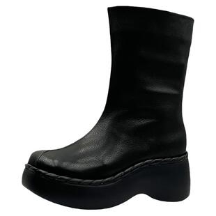 一席之地新款女鞋冬季牛皮方头宽底平跟粗筒包边简约胖妹妹短筒靴