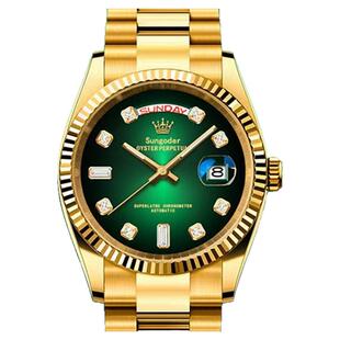 烟熏绿星期日历型深度防水全自动机械男士手表18K黄金色日志系列