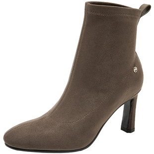 康莉粗跟高跟弹力靴女25年秋冬新款圆头百搭英伦短靴恨天高瘦瘦靴