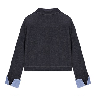 百家好撞色牛仔短外套女春季新款翻领撞色点缀设计感复古开衫上衣