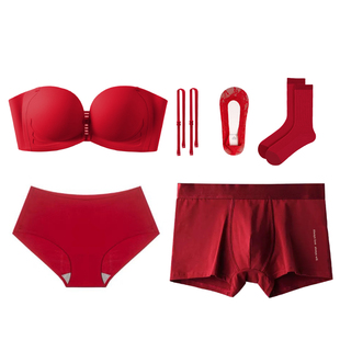 红色内衣套装结婚新娘性感抹胸无肩带厚聚拢显大新郎内裤备婚套装