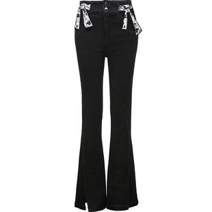 Vero Moda牛仔裤女2025夏季新款黑色高腰丝带开叉微喇裤325132046