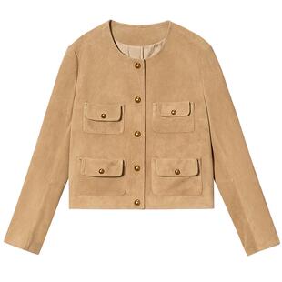 PSALTER诗篇复古驼色美拉德羊反绒小香风外套皮衣秋款