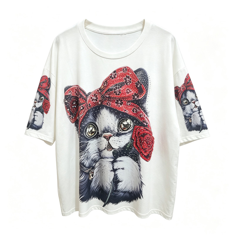 重工烫钻萌猫印花休闲显瘦短袖