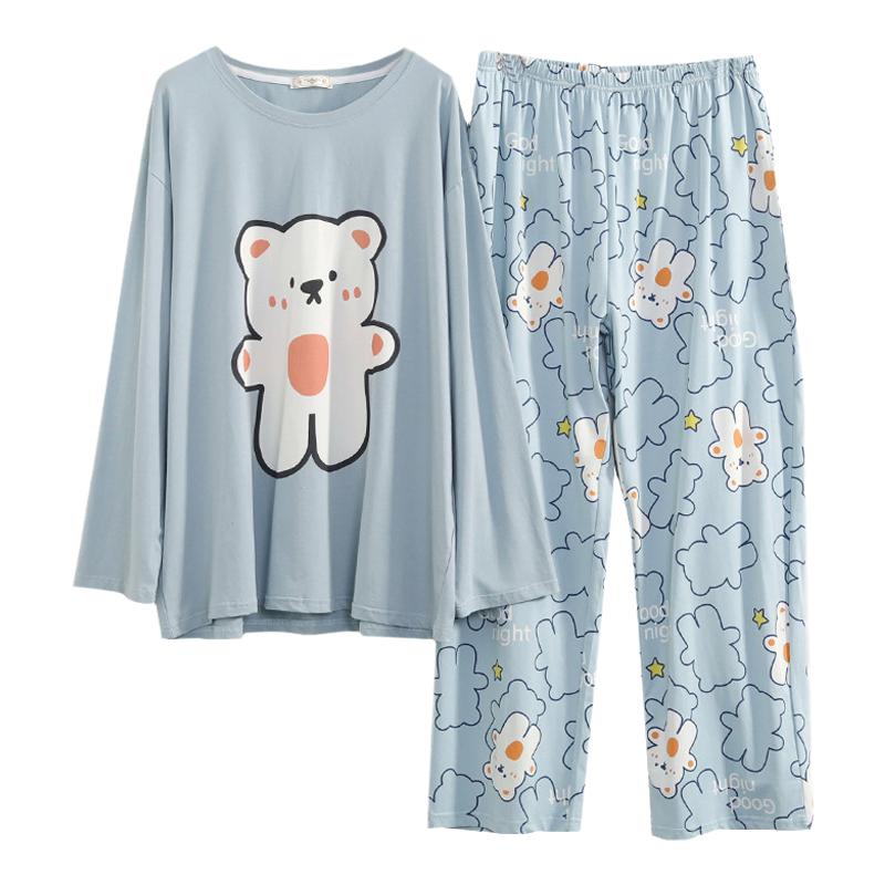 大码胖mm200斤睡衣纯棉女长袖加肥加大夏季宽松家居服春秋可外穿