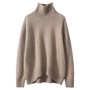 冬季宽松版加厚女士高领羊毛衫内搭纯色抽条针织衫前短后长打底衫