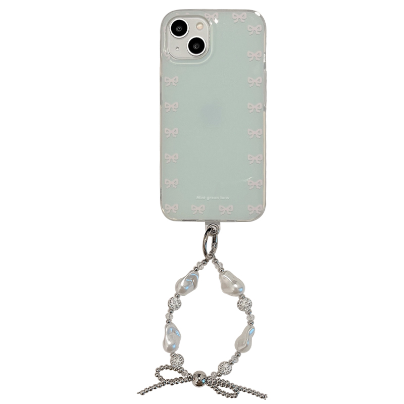 启乾 薄荷绿粉色蝴蝶结腕带iPhone15手机壳适用苹果14/13promax硬壳12双层11手提链条挂绳少女心小众简约新款