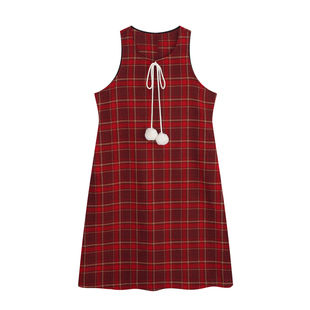 YUZI鱼子学院风红格子连衣裙女显瘦复古气质大码女装