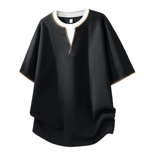 迈特优美式复古手缝线假两件V领短袖男女夏季宽松休闲vintageT恤