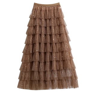 秋冬超好看重工亮片网纱蛋糕裙半身裙女2026春季新款纱裙长裙子