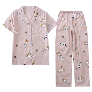 2025日系情侣睡衣套装夏季新款纯全棉麻纱布男女短袖长裤家居服薄