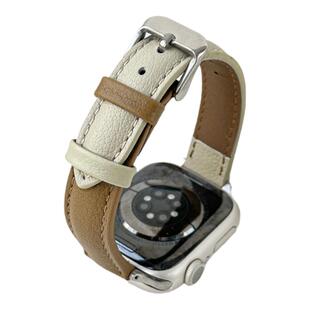 适用applewatchS11柔软小羊皮细表带10/9苹果手表撞色荔枝纹皮表带iwatch8/7/6秋冬小蛮腰质感复古小众SE腕带