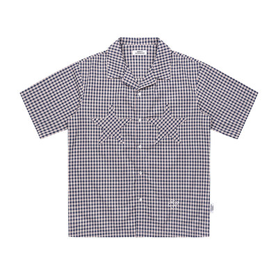 EMPTY REFERENCE 松弛感复古格纹星星口袋拼接宽松翻领短袖衬衫