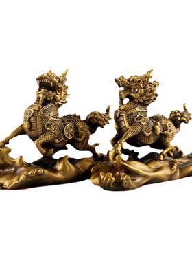 黄铜火麒麟送子一对公母客厅摆件