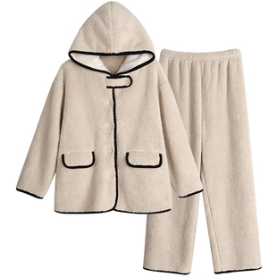 睡衣女冬季加厚保暖珊瑚绒连帽可单穿外套秋冬时尚家居服毛绒套装