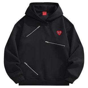 查尔斯桃心 春秋季拉链机能风美式百搭情侣街头连帽卫衣