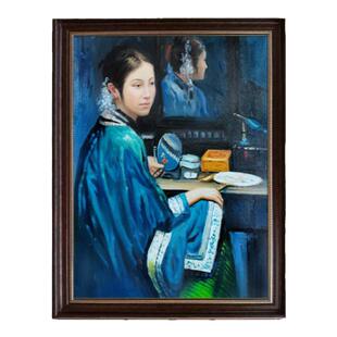 纯手绘装饰画正在化妆的美女名家油画陈逸飞作品简约玄关壁画卓克