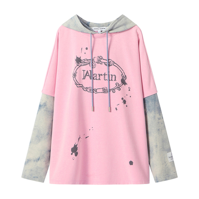 ANDREA MARTIN2026春季新款复古假两件拼接套头连帽女休闲卫衣