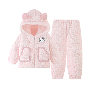 女童珊瑚绒睡衣女款秋冬季加绒加厚三层夹棉大童女孩初中生家居服