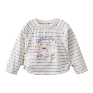马克珍妮珠光宝气猫咪女童纯棉条纹抽褶T恤 宝宝上衣春装560082