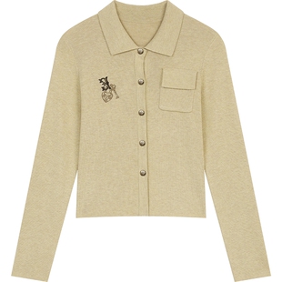 妖精的口袋翻领刺绣针织衫女2026年新款早春氛围感穿搭薄款上衣