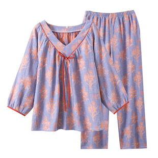 2025新款国风九分袖纯棉提花双层纱睡衣女春夏薄款长裤家居服套装