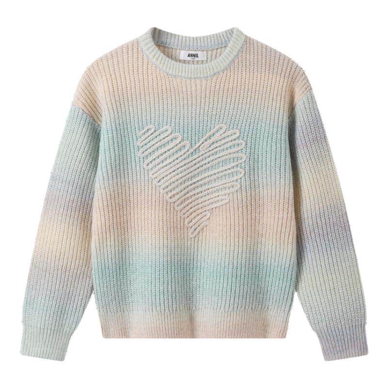 【爱心彩虹】安奈儿童装女童圆领毛衣2024冬新款软糯蓬松宽松落肩