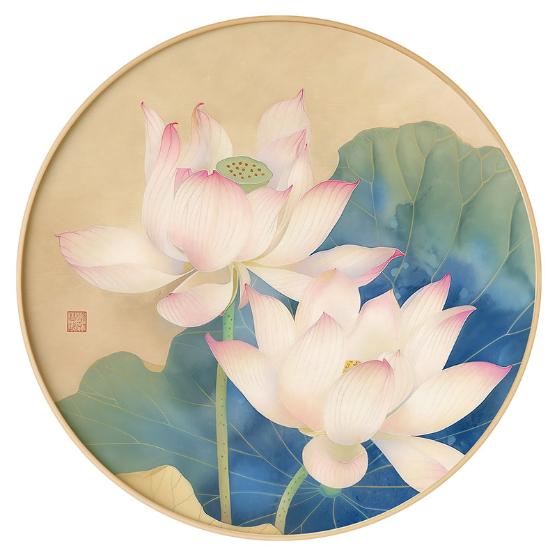 墙蛙客厅新中式荷花圆形画