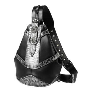 欧美蒸汽朋克摇滚机车骑士胸包男女款金属铆钉蛇纹拼接胸前斜挎包
